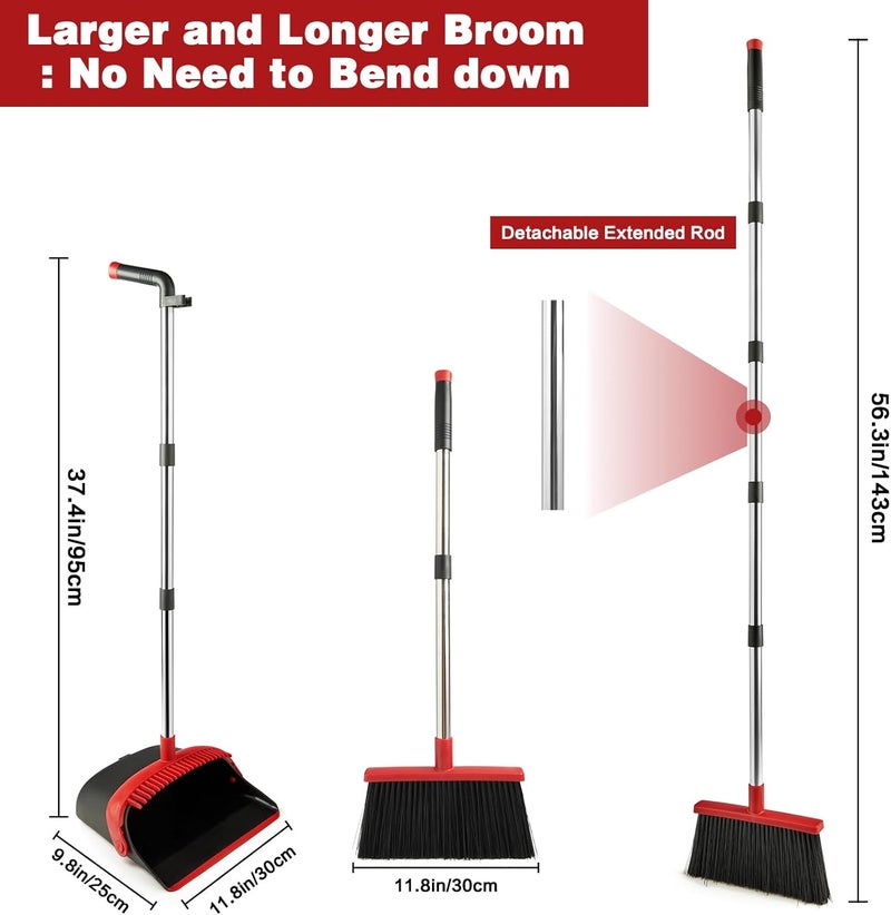 XXFLOWER Broom and Dustpan Set for Home, Broom with Dustpan Cleaning Teeth Combo Set, Indoor Sweep Broom with Long Handle for Office Home Kitchen Lobby Floor (Black Red) - Image 2